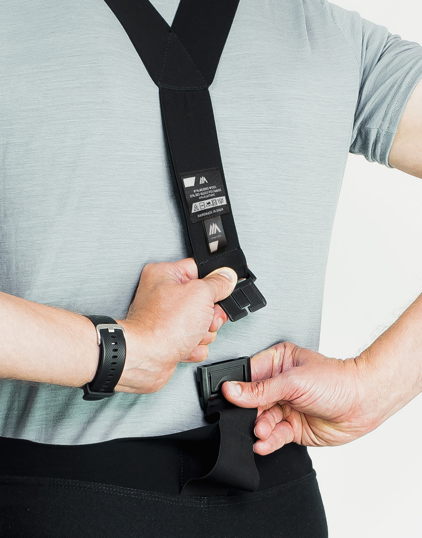Men's merino full-length cycling bibs with plant-based reinforcements and cargo pockets