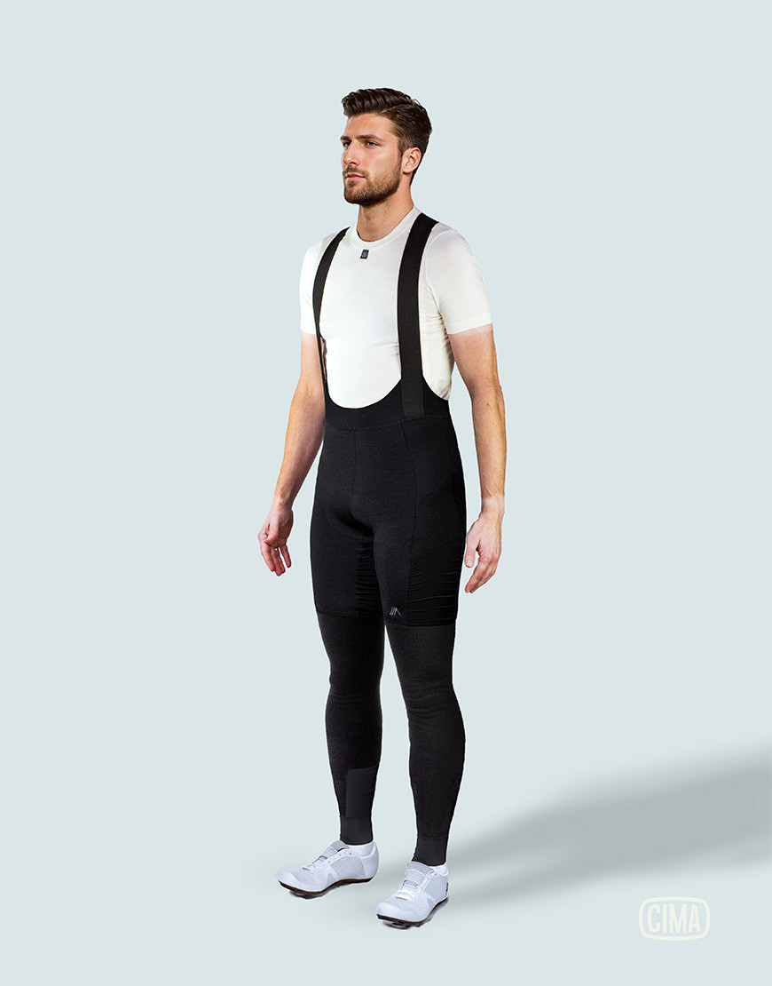 Men's merino full-length cycling bibs with plant-based reinforcements and cargo pockets