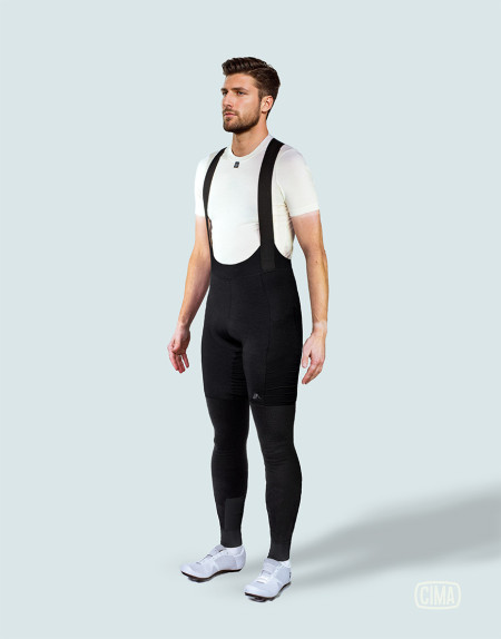 Men's merino full-length cycling bibs with plant-based reinforcements and cargo pockets